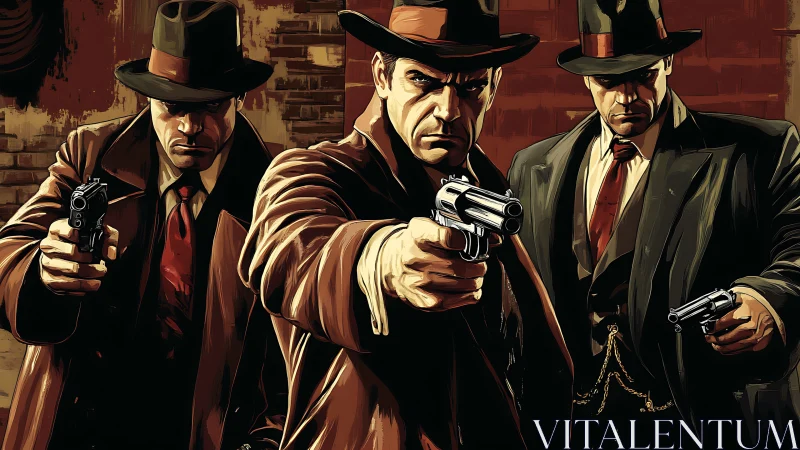 Three armed gangsters stand in formation aiming revolvers