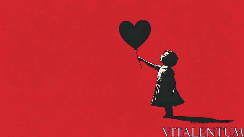 Stencil silhouette girl reaching for heart balloon on red field.