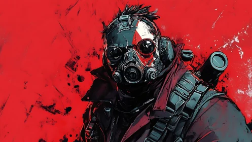 Armored gas-mask soldier rendered with high-contrast graphic brushwork