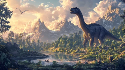 Gentle dinosaur wandering through a golden prehistoric valley.