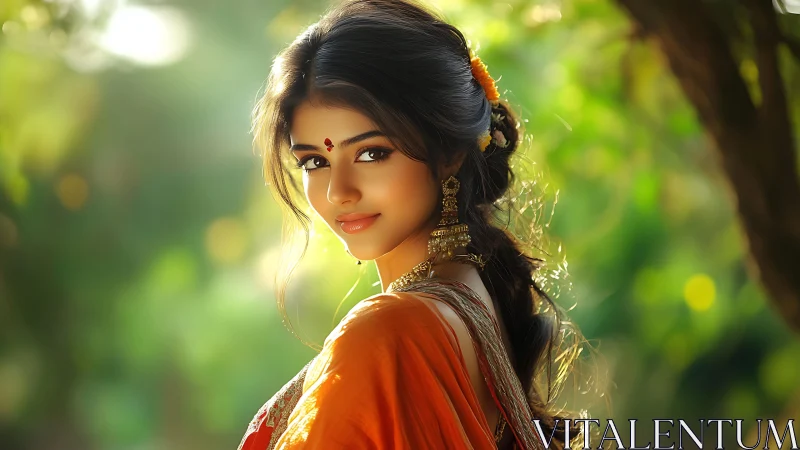 Portrait of woman in orange sari with soft green bokeh.