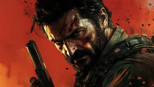 Battle-hardened soldier stares forward amid blazing chaos.