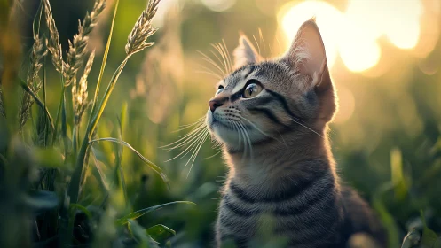 Tabby Cat in Golden Hour Meadow Gazing Upward.