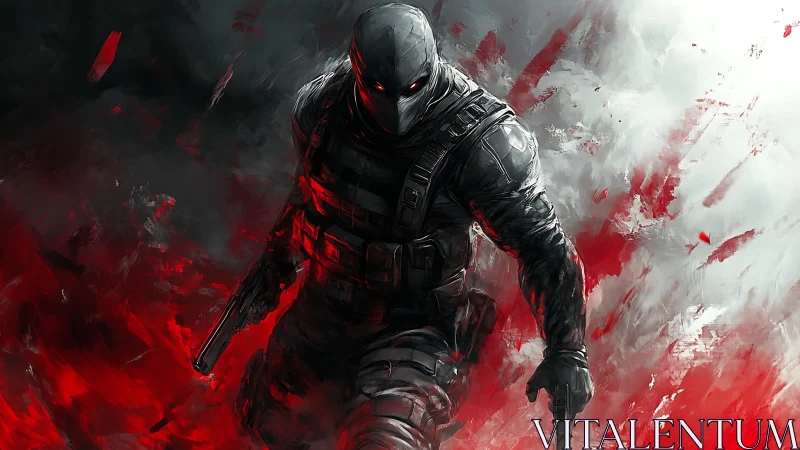 Armored operative advances through red-black abstract combat vortex