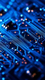Close-up view of illuminated blue electronic circuit board.