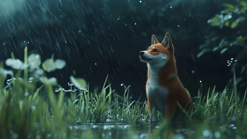 Small fox listening to gentle rain in a moonlit meadow.