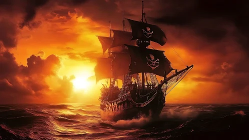 Crimson sunset voyage with a bold black-sailed pirate ship.