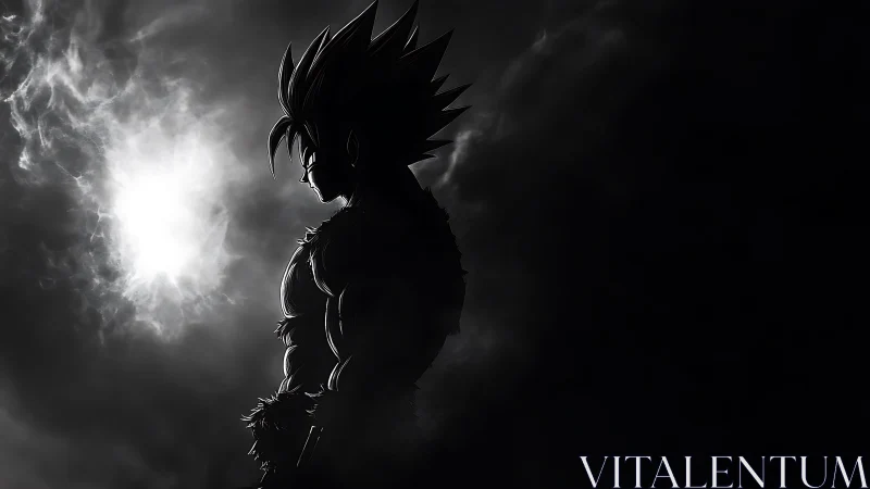 Silhouetted anime warrior against glowing storm sky.