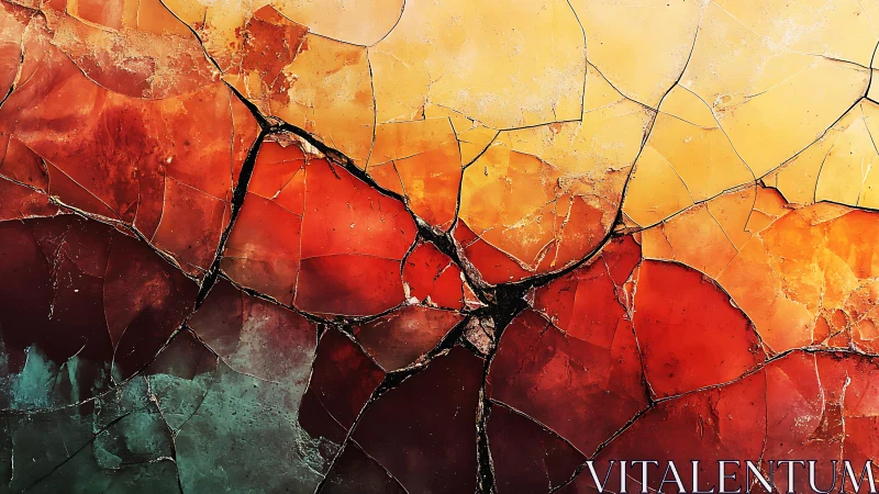 Abstract cracked surface with vibrant warm colors, artistic texture.