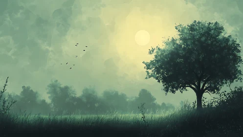 Solitary tree anchors misty meadow at pale sunrise