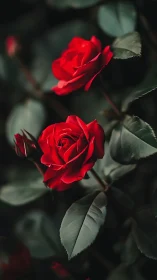 Deep Red Roses Bathed in Soft Garden Light