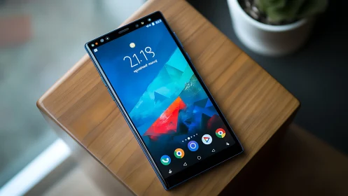 Android Smartphone on Wooden Desk with Blue Geometric Wallpaper