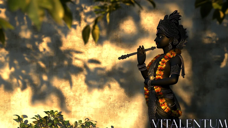Krishna sculpture in golden dappled light with floral garland.