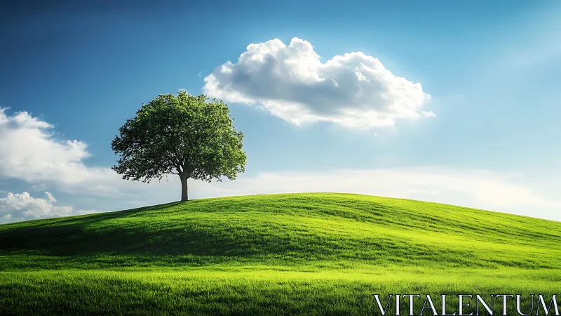 Lone tree on green hill under blue sky, realistic landscape photo.