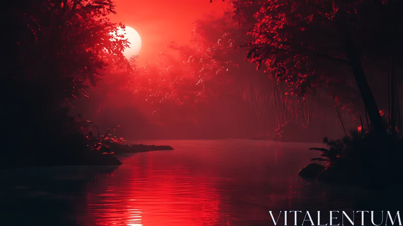 Red sun over dense riverside forest with reflective water.