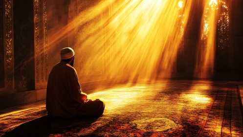 Man seated in prayer under strong golden sunlight rays.
