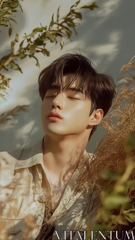 Sun-drenched daydreamer resting in honeyed garden hush.