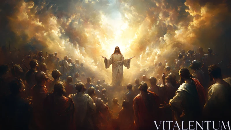 Radiant messianic ascension amid luminous storm clouds.