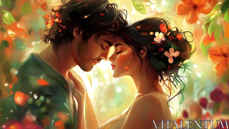 Romantic Couple in Glowing Floral Garden.