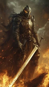 Heavily armored dark knight wields glowing greatsword amid firestorm