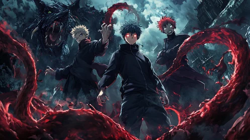 Triad of red-eyed warriors channeling chaotic blood tendrils