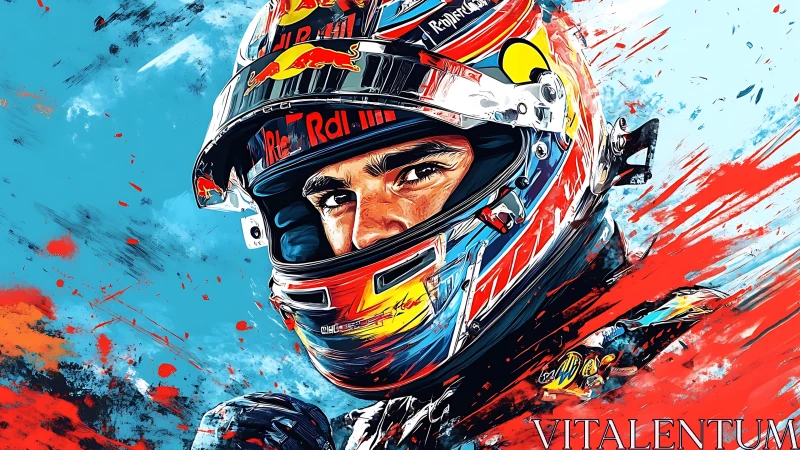 Racing driver portrait in dynamic splatter digital style.