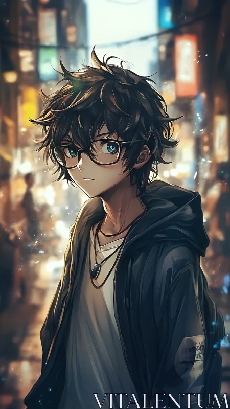Teen character with glasses in illuminated city street scene.