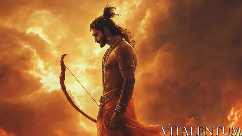 Sun-forged warrior archer bowed in molten-cloud silence.