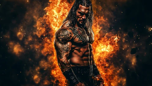 Muscular tattooed man stands before intense fire background