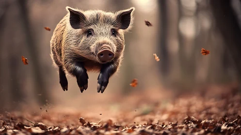 Bounding wild boar midair in autumn woodland glow.