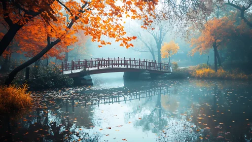 Tranquil red bridge in soft autumn fog over calm water.