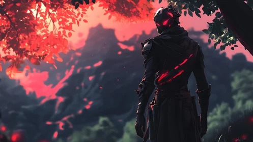 Armored sci fi warrior under red glowing forest sky.