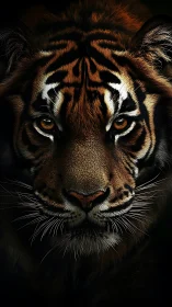 Tiger face rendered in high contrast close-up frontal view