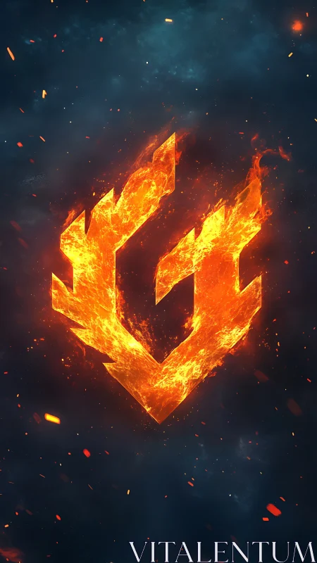 Geometric arrow symbol rendered in incandescent fire and luminous particles