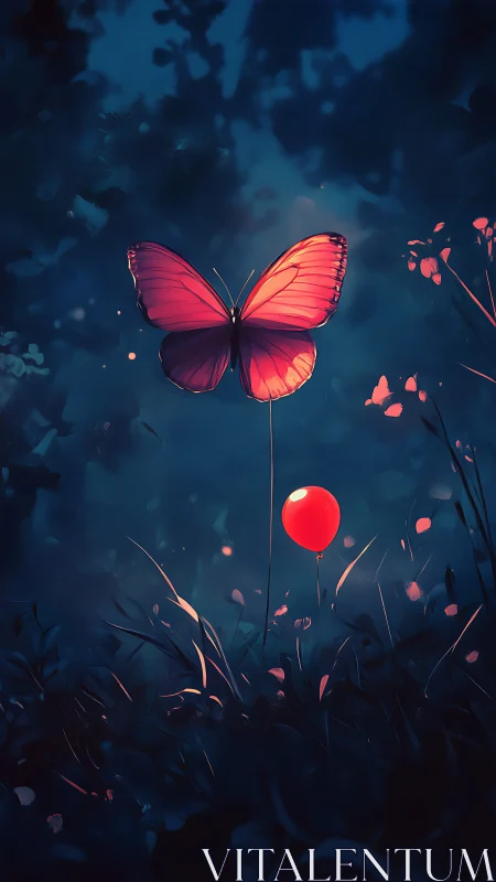 Gentle night garden where red butterfly meets shy balloon.
