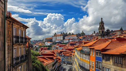 Porto hillside skyline with red roofs under dramatic clouds.
