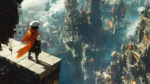 Lone explorer gazing over a misty futuristic megacity.