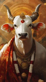Regal sacred cow enthroned in molten sunlit splendor.
