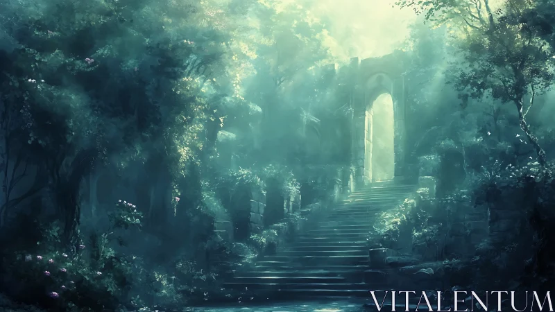 Misty forest stairway leads gently toward a glowing stone gate
