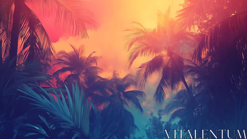 Tropical dusk melts jungle palms into neon dream vapor