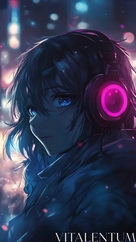 Girl with neon headphones stands in blurred city lights
