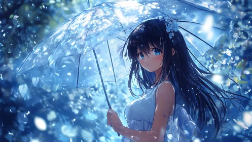 Rain-kissed anime girl stands beneath a glowing blue umbrella.