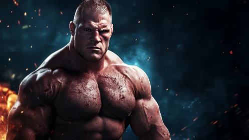 Battle-scarred bodybuilder stands against dark smoky inferno