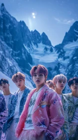 Seven young men stand in snowy mountains under blue sky