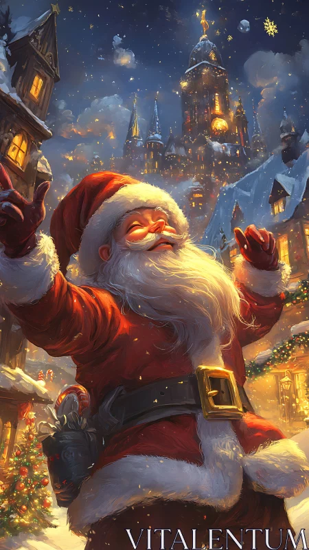 Joyful Santa celebrates a magical snowfall in a festive town