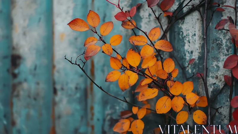 Autumn vine against weathered teal metal backdrop, shallow focus.
