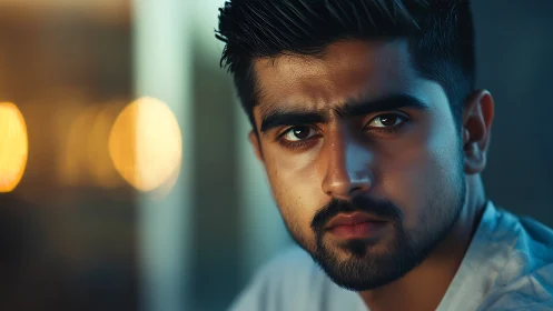 Photorealistic close-up male portrait with cinematic bokeh depth.