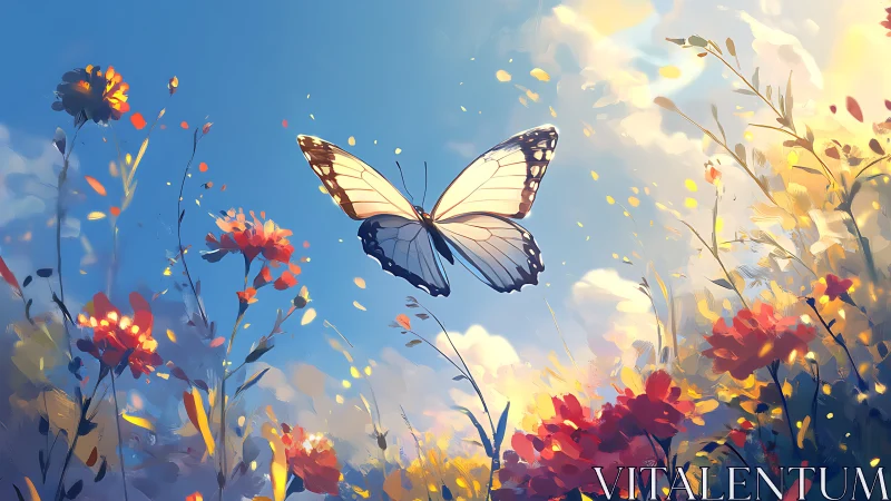 Butterfly suspended over wildflower meadow at daylight.