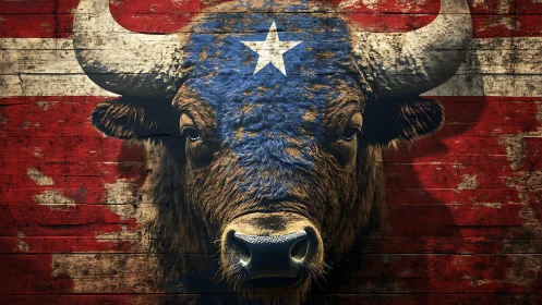Lone star buffalo locked in weathered red timber glory.
