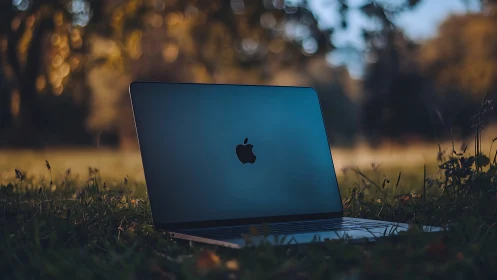 Open laptop resting on grass in warm evening light outdoors.